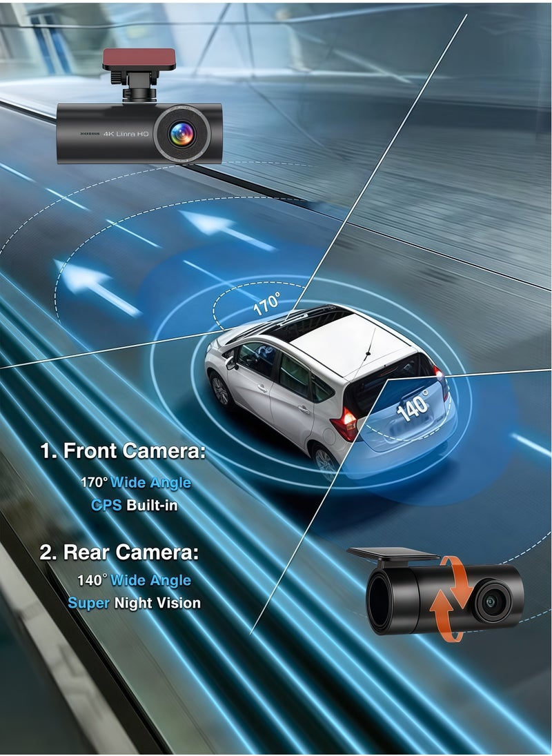 Generic - Dash Camera for Cars,4K Full UHD Car Camera Front Rear with 64GB U3 Card,Built-in Super Night Vision,2.0'' IPS Screen,170°Wide Angle,G-Sensor, 24H Parking Mode, Loop Recording - Image 1