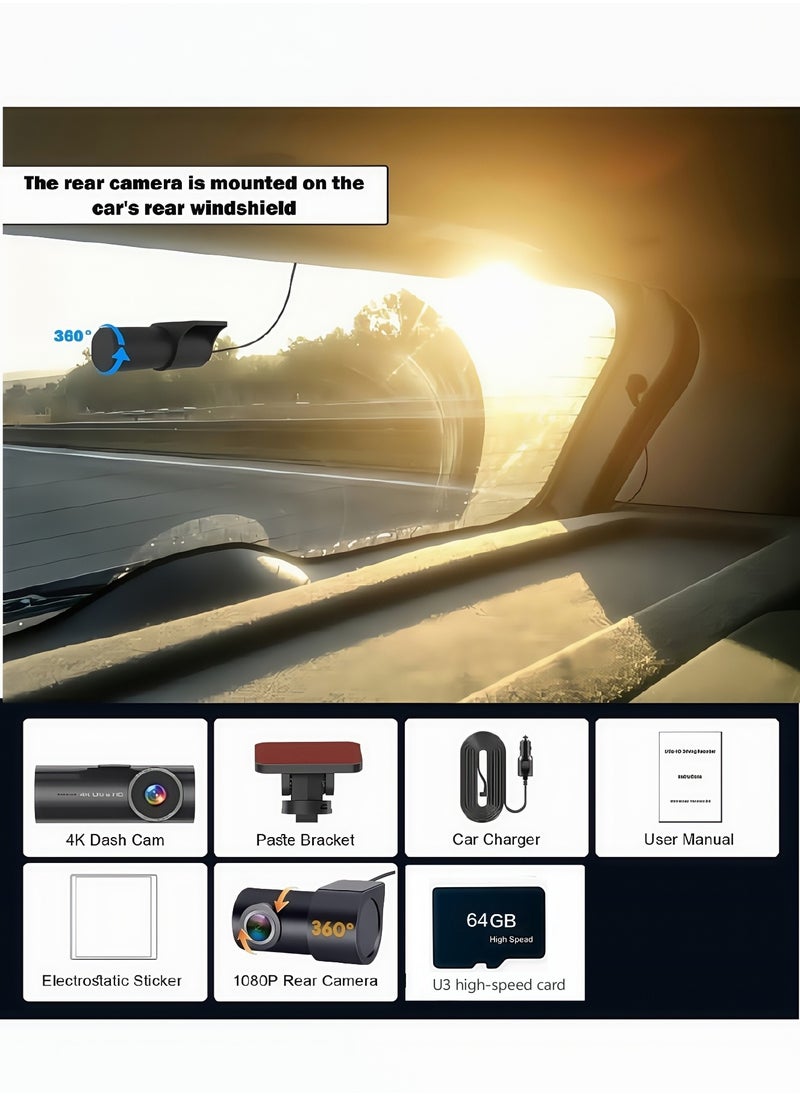 Generic - Dash Camera for Cars,4K Full UHD Car Camera Front Rear with 64GB U3 Card,Built-in Super Night Vision,2.0'' IPS Screen,170°Wide Angle,G-Sensor, 24H Parking Mode, Loop Recording - Image 1