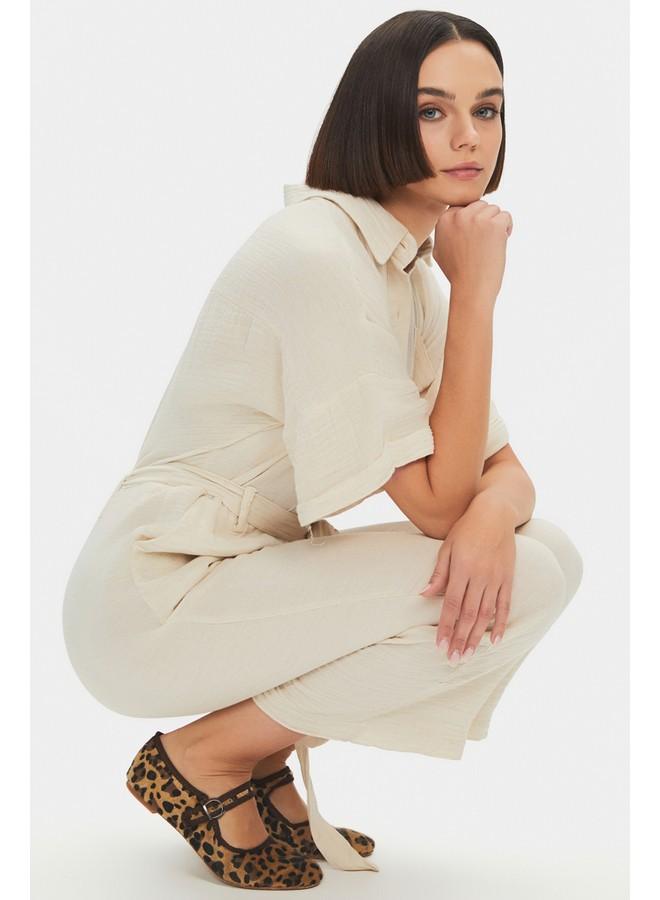 June Women Cotton Button Detailed Shirt Neck Jumpsuit Beige - Image 1