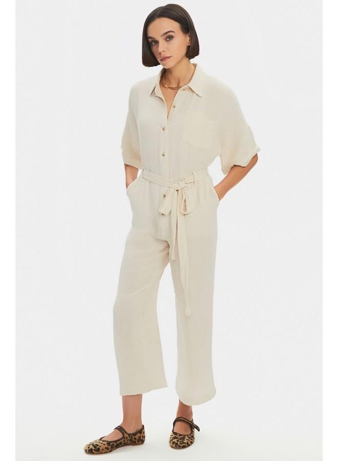 June Women Cotton Button Detailed Shirt Neck Jumpsuit Beige - Image 2