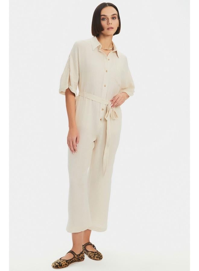June Women Cotton Button Detailed Shirt Neck Jumpsuit Beige - Image 3
