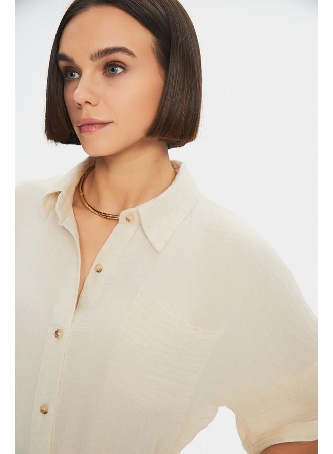 June Women Cotton Button Detailed Shirt Neck Jumpsuit Beige - Image 4