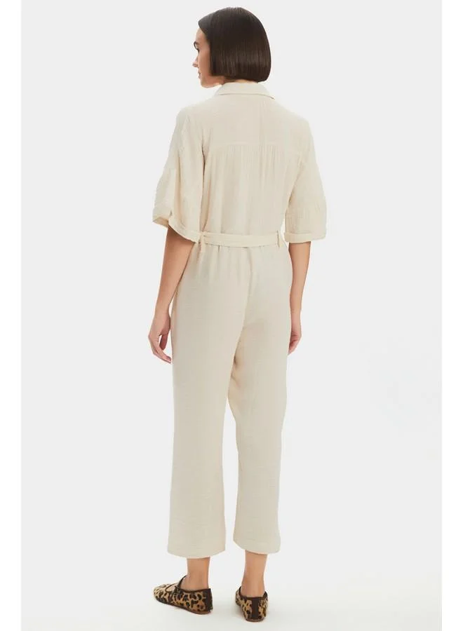 JUNE June Women Cotton Button Detailed Shirt Neck Jumpsuit Beige