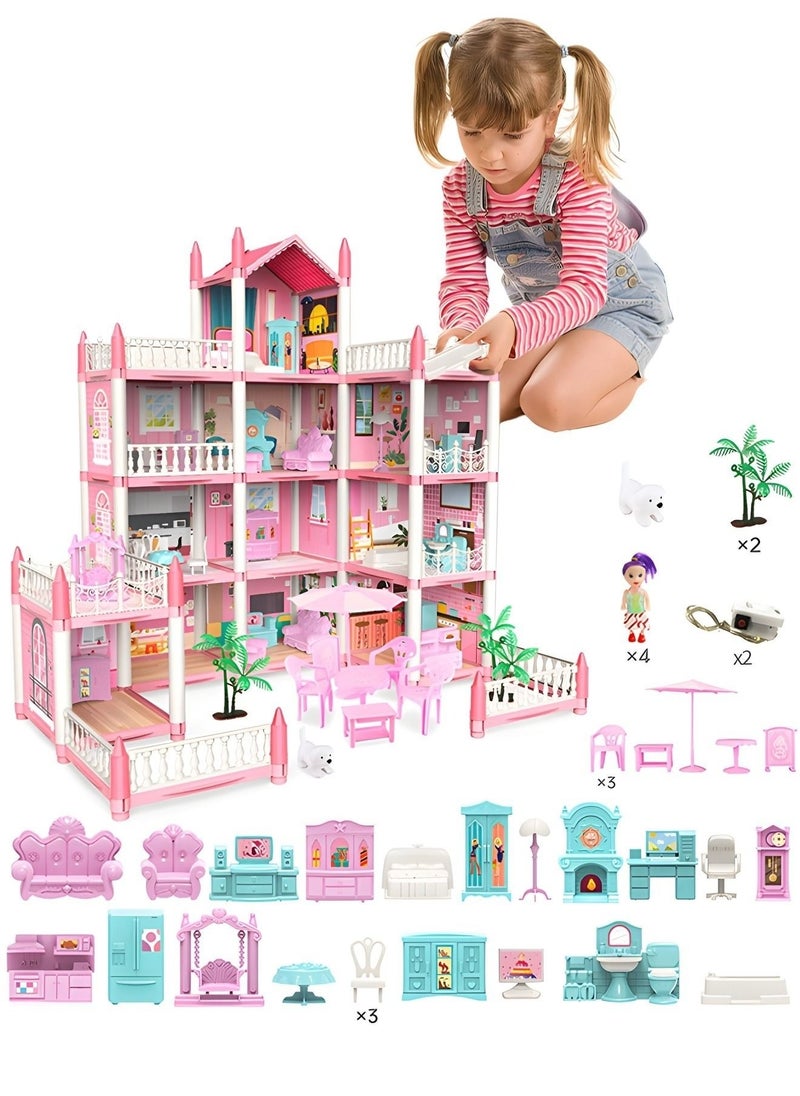 MIXDE - Doll house,4 Story 11 Rooms Dreamhouse Building Toys Figure Furniture, DIY House, Accessories, Pets & Dolls,Flashing Lights,Pink Play Dream House for Girls - Image 1