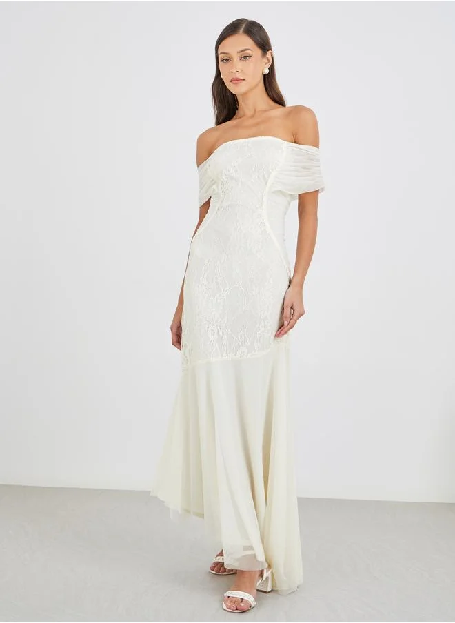 Styli Styli Lace Detail Off Shoulder Asymmetric Hem Maxi Dress