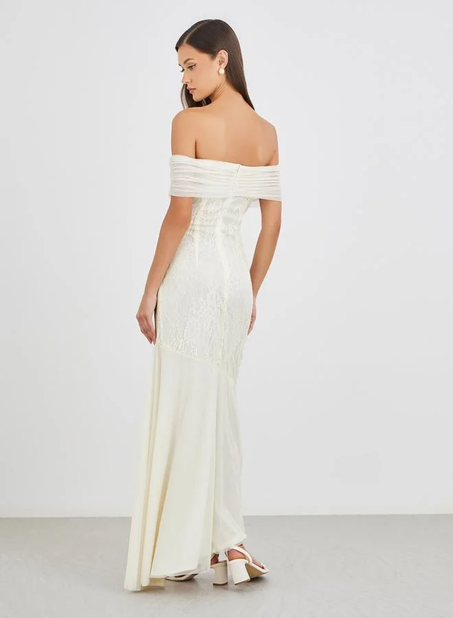 Styli Styli Lace Detail Off Shoulder Asymmetric Hem Maxi Dress