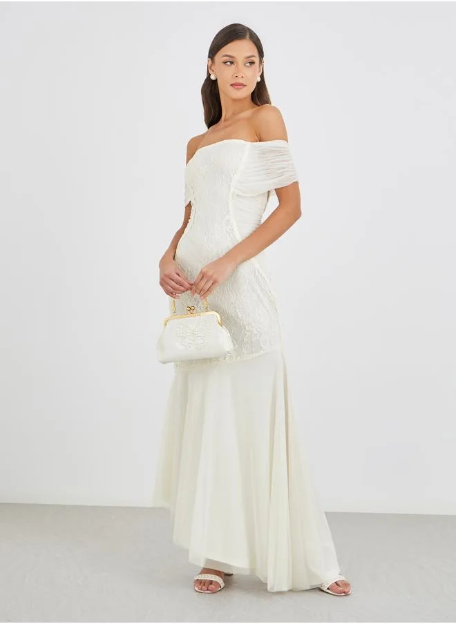 Styli Styli Lace Detail Off Shoulder Asymmetric Hem Maxi Dress