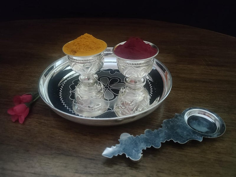 Sigaram German Silver Pooja Thali Set K2480 4 Pieces Silver - Image 4