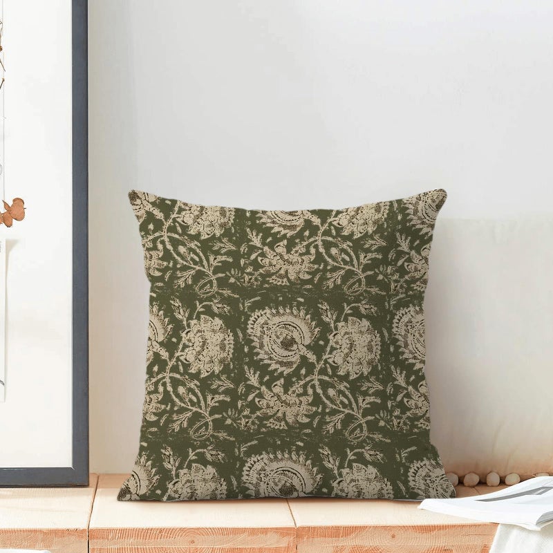 Sorktse Green Pillow Covers 18x18 Inch Set of 2 Vintage Olive Green Floral Throw Pillows Neutral Modern Boho Block Print Floral Pillowcases Outdoor Accent Decorative Linen Cushion Covers for Couch Sofa - Image 3