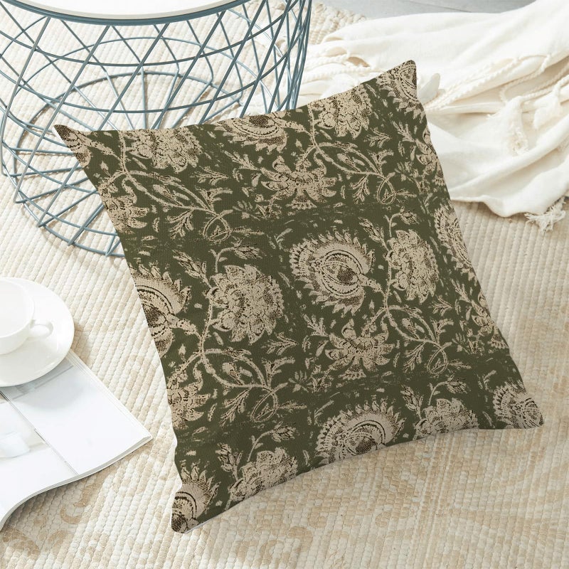 Sorktse Green Pillow Covers 18x18 Inch Set of 2 Vintage Olive Green Floral Throw Pillows Neutral Modern Boho Block Print Floral Pillowcases Outdoor Accent Decorative Linen Cushion Covers for Couch Sofa - Image 4