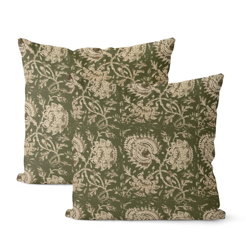 Sorktse Green Pillow Covers 18x18 Inch Set of 2 Vintage Olive Green Floral Throw Pillows Neutral Modern Boho Block Print Floral Pillowcases Outdoor Accent Decorative Linen Cushion Covers for Couch Sofa - Image 1