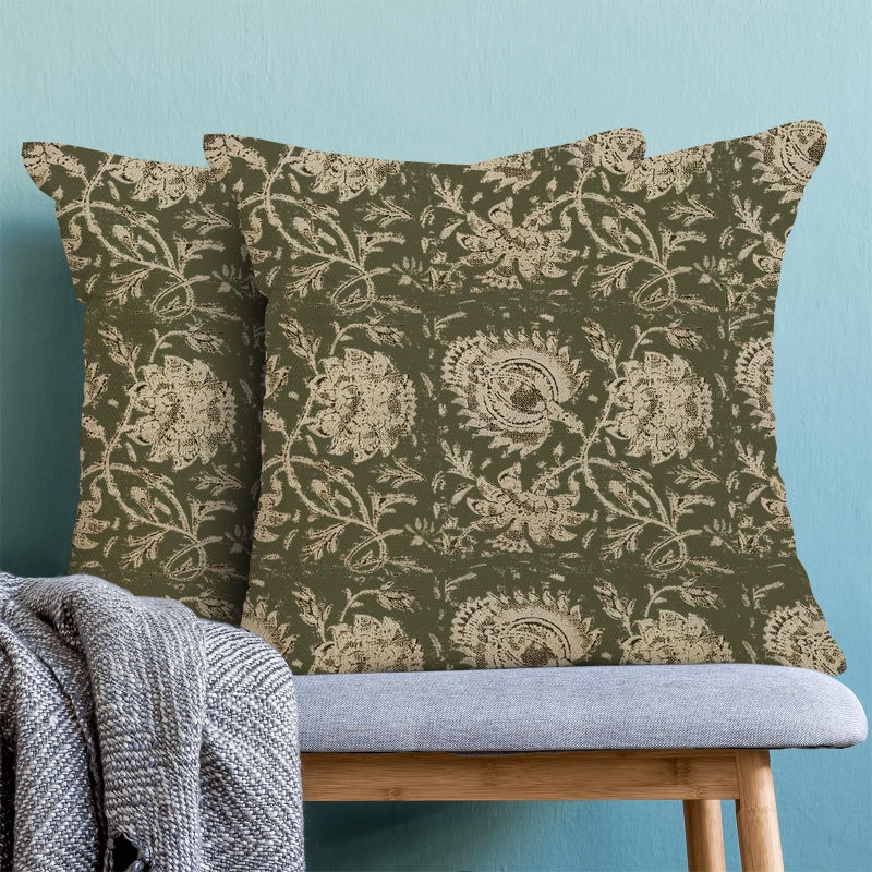 Sorktse Green Pillow Covers 18x18 Inch Set of 2 Vintage Olive Green Floral Throw Pillows Neutral Modern Boho Block Print Floral Pillowcases Outdoor Accent Decorative Linen Cushion Covers for Couch Sofa - Image 2