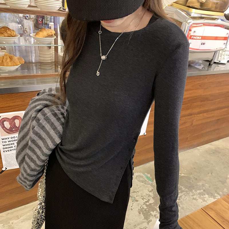 Shopping Mall Real Photograph Temperament Age-reducing Slim-fit Inner Base Shirt Women's Waist Button Split Design Long-sleeved T-shirt - Image 5