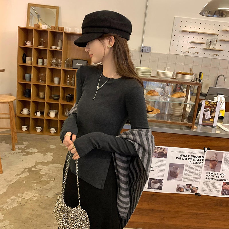 Shopping Mall Real Photograph Temperament Age-reducing Slim-fit Inner Base Shirt Women's Waist Button Split Design Long-sleeved T-shirt - Image 3