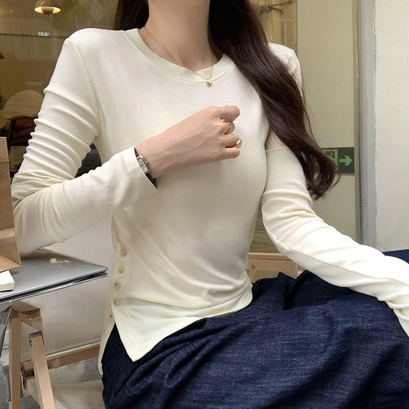 Shopping Mall Real Photograph Temperament Age-reducing Slim-fit Inner Base Shirt Women's Waist Button Split Design Long-sleeved T-shirt - Image 4