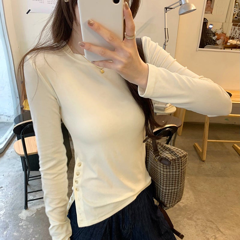 Shopping Mall Real Photograph Temperament Age-reducing Slim-fit Inner Base Shirt Women's Waist Button Split Design Long-sleeved T-shirt - Image 2