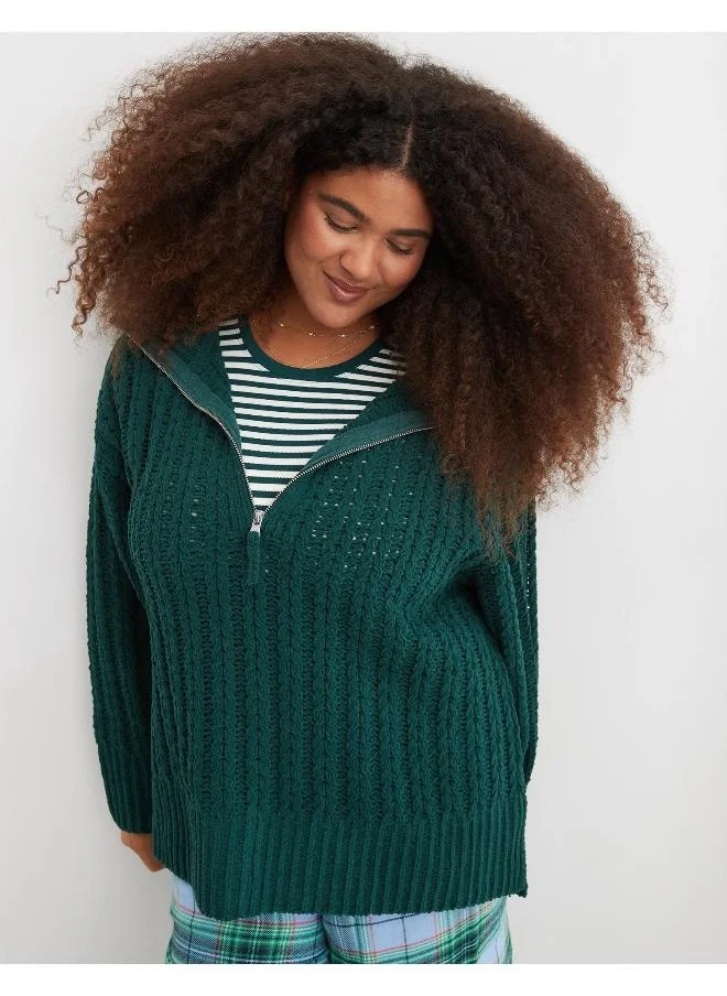 Aerie Quarter Zip Braided Knitted Sweater