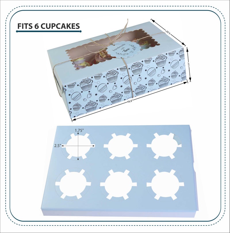 mudrit Cupcake Boxes with Insert Trays (Pack of 10), Cupcake Carrier, Food Grade Bakery Boxes with Windows to fit 6 Cupcakes, Muffins or Pastries (Blue) - Image 5