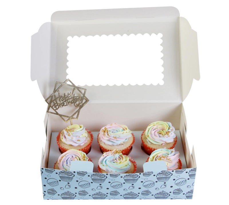 mudrit Cupcake Boxes with Insert Trays (Pack of 10), Cupcake Carrier, Food Grade Bakery Boxes with Windows to fit 6 Cupcakes, Muffins or Pastries (Blue) - Image 3
