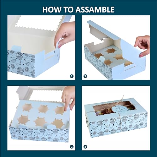 mudrit Cupcake Boxes with Insert Trays (Pack of 10), Cupcake Carrier, Food Grade Bakery Boxes with Windows to fit 6 Cupcakes, Muffins or Pastries (Blue) - Image 2
