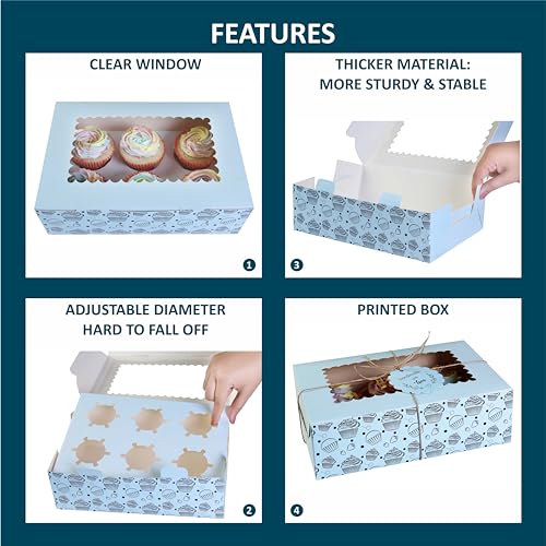mudrit Cupcake Boxes with Insert Trays (Pack of 10), Cupcake Carrier, Food Grade Bakery Boxes with Windows to fit 6 Cupcakes, Muffins or Pastries (Blue) - Image 4