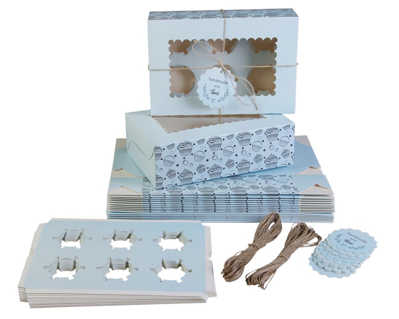 mudrit Cupcake Boxes with Insert Trays (Pack of 10), Cupcake Carrier, Food Grade Bakery Boxes with Windows to fit 6 Cupcakes, Muffins or Pastries (Blue) - Image 1
