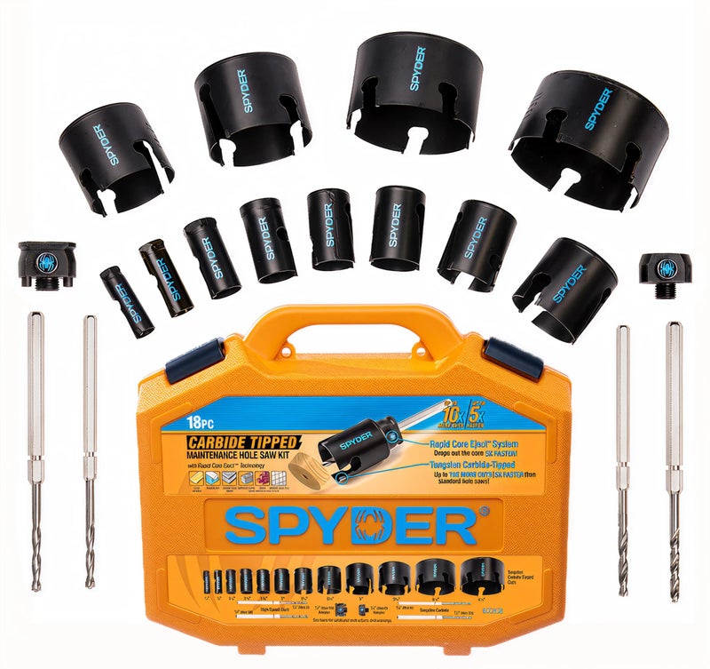 Spyder 18Piece Tungsten Carbide Tipped Hole Saw Kit 12 Hole Saws 2 Arbors 4 Pilot Bits Rapid Core Eject