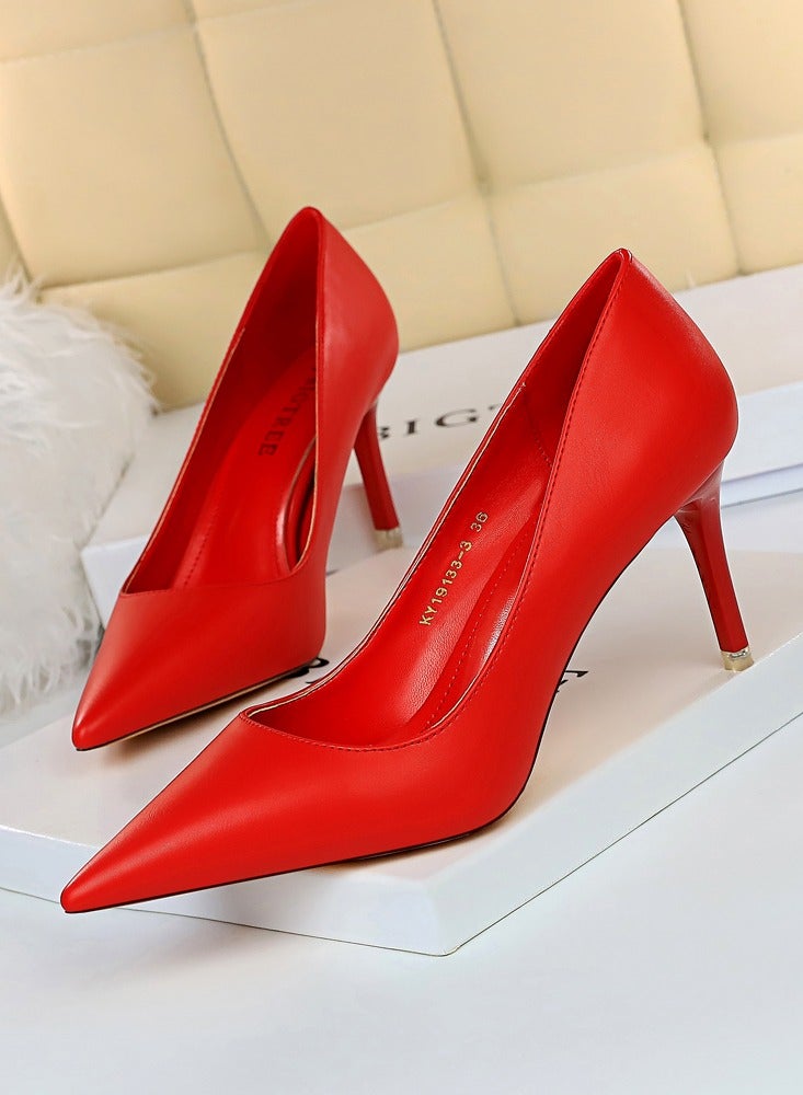 BIGTREE Women's Solid Color Elegant Stiletto Pumps 7.5CM Fashion Gorgeous Closed Pointed Toe Slip On Solid High Heels Red  - Image 1