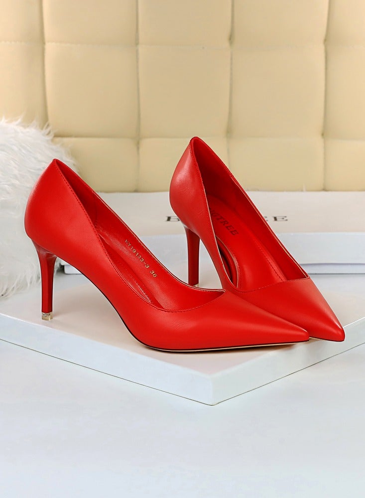BIGTREE Women's Solid Color Elegant Stiletto Pumps 7.5CM Fashion Gorgeous Closed Pointed Toe Slip On Solid High Heels Red  - Image 2