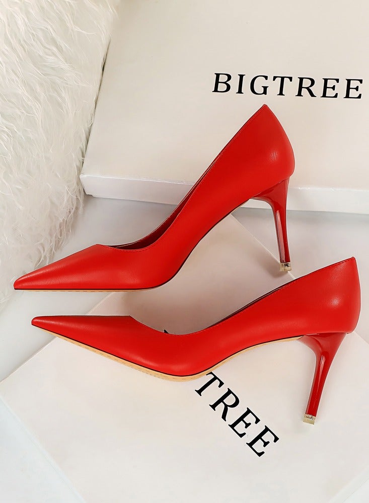 BIGTREE Women's Solid Color Elegant Stiletto Pumps 7.5CM Fashion Gorgeous Closed Pointed Toe Slip On Solid High Heels Red  - Image 3