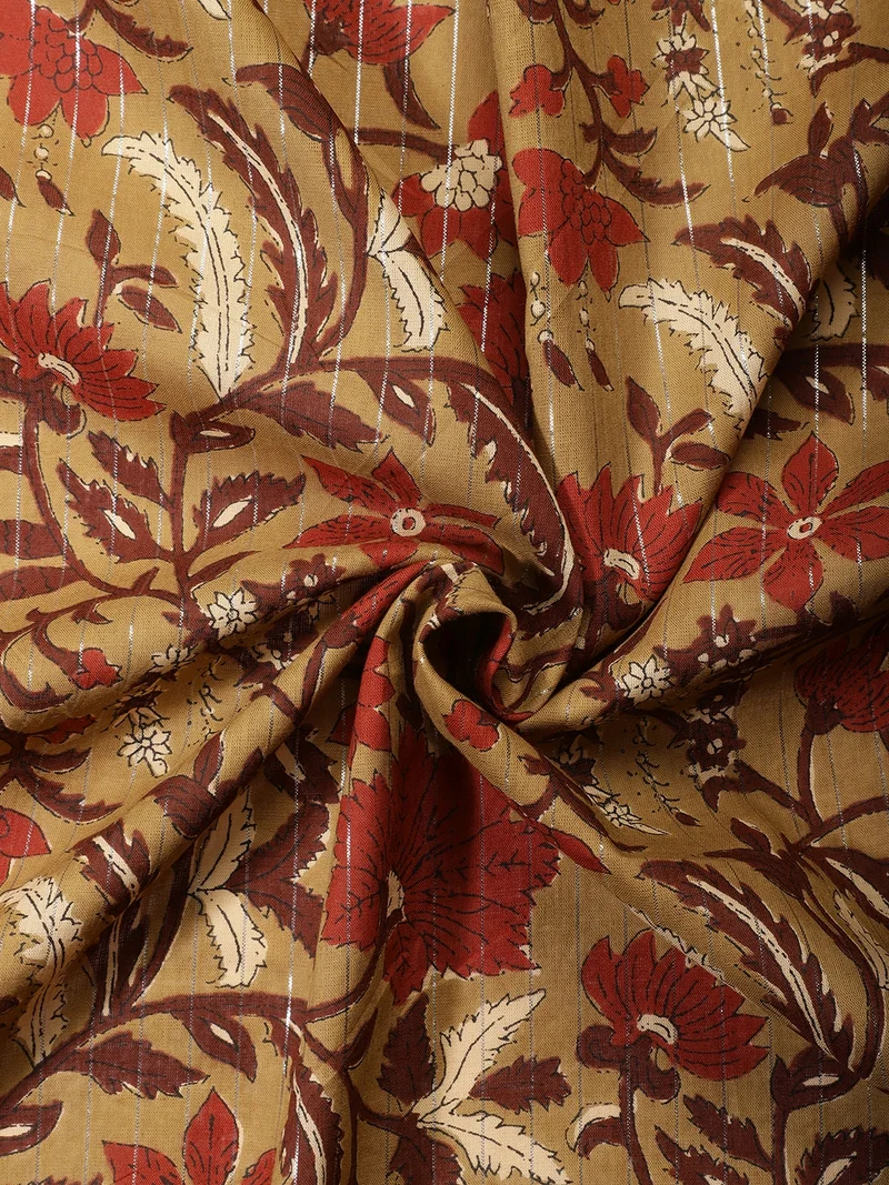 أيه كيه إس Vintage Ochre Floral Vine Block Print Fabric