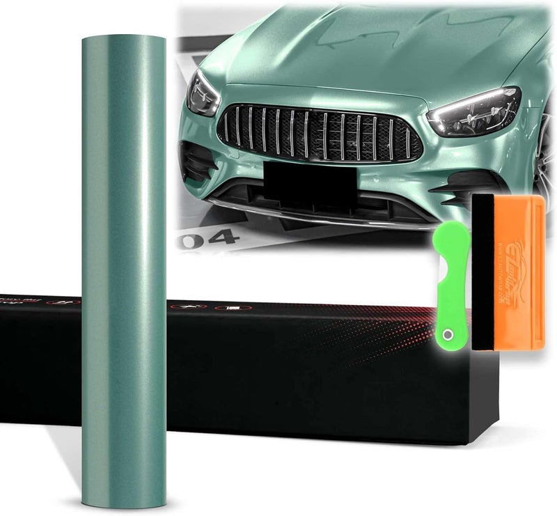 EZAUTO WRAP 12"x60" (قدم واحد × 5 أقدام) فيلم تغليف سيارات ذاتي اللصق من الفينيل فائق اللمعان المعدني باللون الأخضر الفيردي PET، تقنية إزالة الهواء الخالية من الفقاعات مع مجموعة الأدوات - Image 1