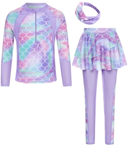 SunFocus Girls Rash Guard Swimsuits Bathing Suit Long Sleeve Swimsuit Swimming Pants with Skirt Purple Mermaid 9-10 Years - Image 1