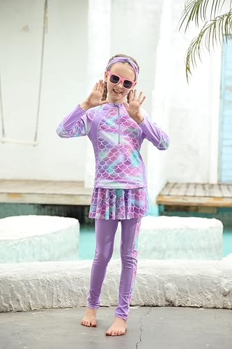 SunFocus Girls Rash Guard Swimsuits Bathing Suit Long Sleeve Swimsuit Swimming Pants with Skirt Purple Mermaid 9-10 Years - Image 2