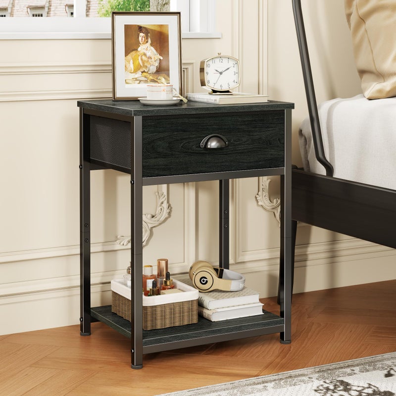 Furologee Nightstand with Fabric Drawer & Storage Shelf, Small Side Table for Small Space, 2 Tiers Industrial End Table for Living Room, Bedroom, Black Oak - Image 2