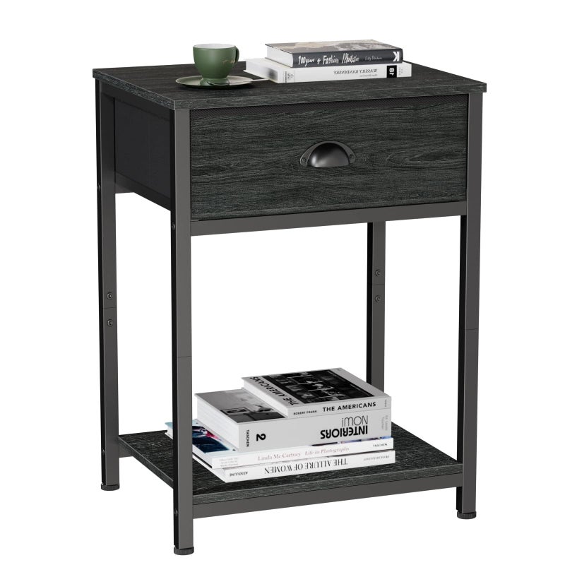 Furologee Nightstand with Fabric Drawer & Storage Shelf, Small Side Table for Small Space, 2 Tiers Industrial End Table for Living Room, Bedroom, Black Oak - Image 1