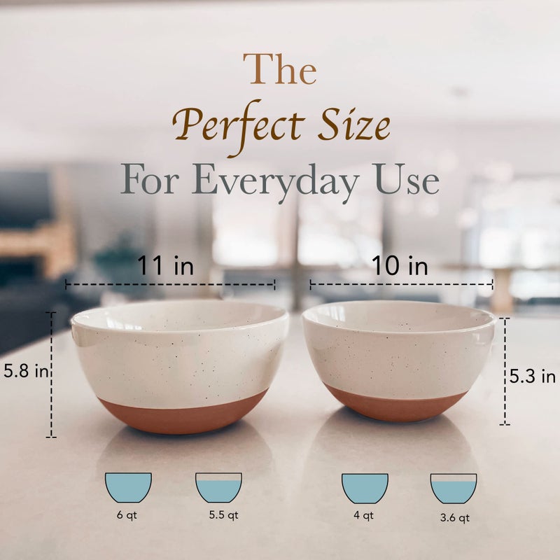Mora Ceramic Large Mixing Bowls - Set of 2 Nesting Bowls for Cooking, Serving, Popcorn, Salad etc - Microwavable Kitchen Stoneware, Oven, Microwave and Dishwasher Safe - Extra Big 5.5 & 3.6 Qt - White - Image 2
