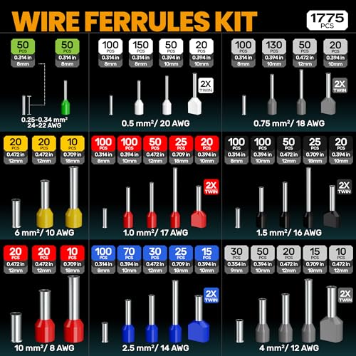 SOMELINE Ferrule Hexagonal Crimping Tool Kit, 36 Sizes Ferrules, AWG 24-8 Ferrule Crimper, with Hexagonal Crimper and Automatic Wire Stripper, Ferrule Terminal Assortment Kit (Stackable Tool Box) - Image 4