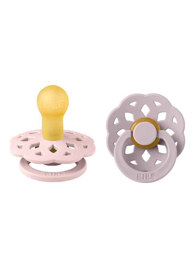 BIBS Baby Pacifier Boheme, Made with Natural Rubber Latex, Round Nipple, Mouth Skin Sensitive, Soft, Flexible, For Babies Aged Upto 6 Months, BPA-free, Blossom/ Dusty Lilac Colour, Pack of 2, Size 1