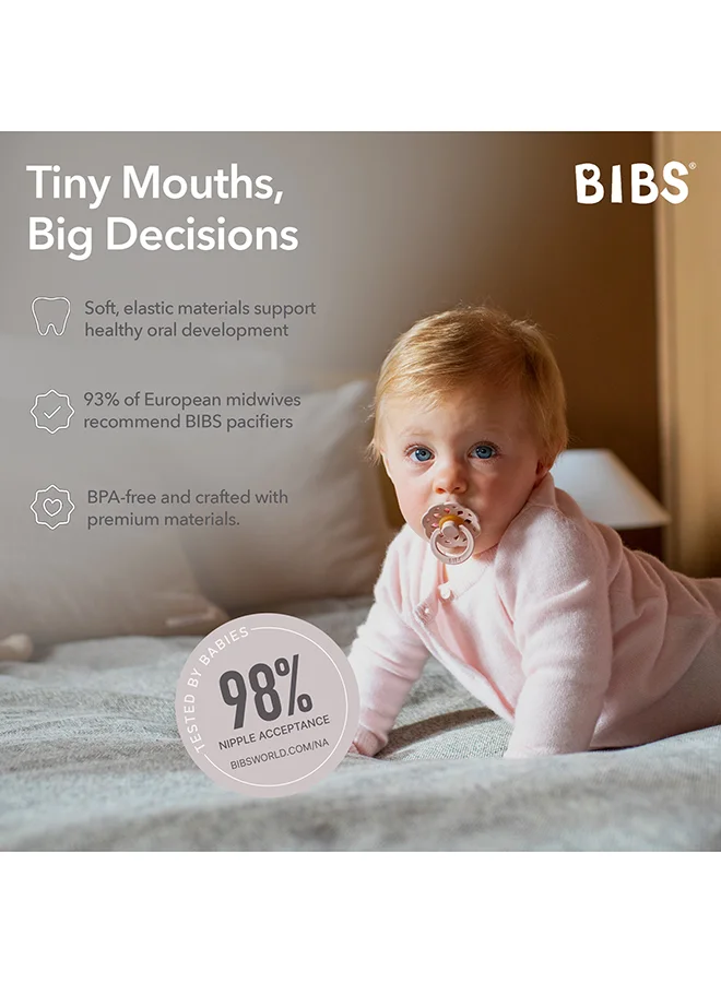BIBS Baby Pacifier Boheme, Made with Natural Rubber Latex, Round Nipple, Mouth Skin Sensitive, Soft, Flexible, For Babies Aged Upto 6 Months, BPA-free, Blossom/ Dusty Lilac Colour, Pack of 2, Size 1