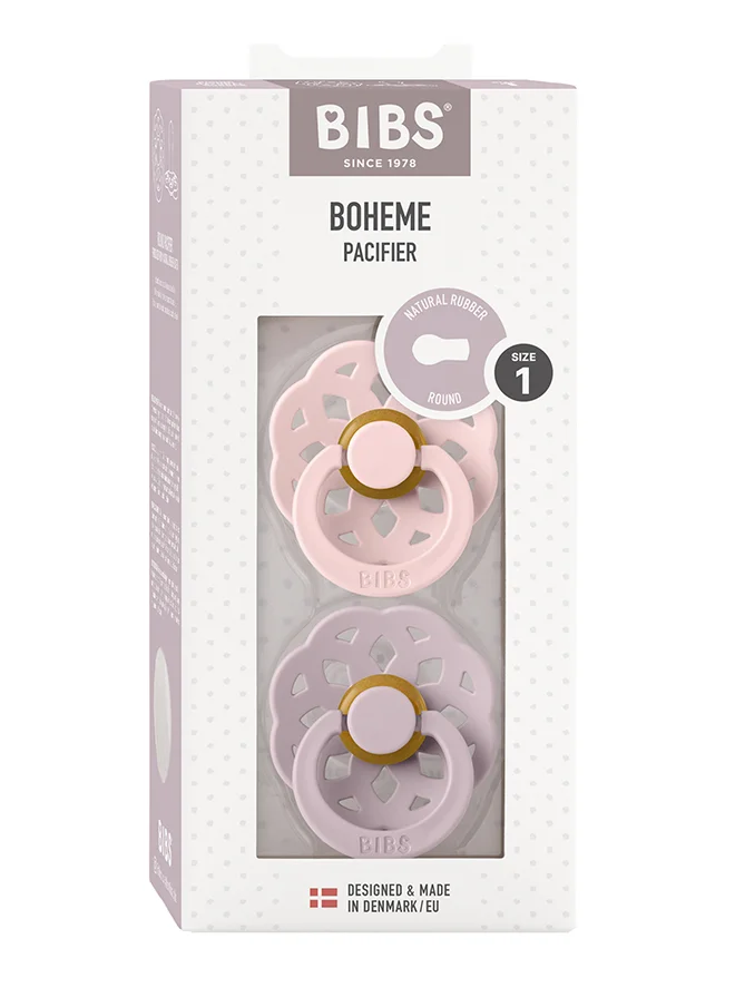 BIBS Baby Pacifier Boheme, Made with Natural Rubber Latex, Round Nipple, Mouth Skin Sensitive, Soft, Flexible, For Babies Aged Upto 6 Months, BPA-free, Blossom/ Dusty Lilac Colour, Pack of 2, Size 1