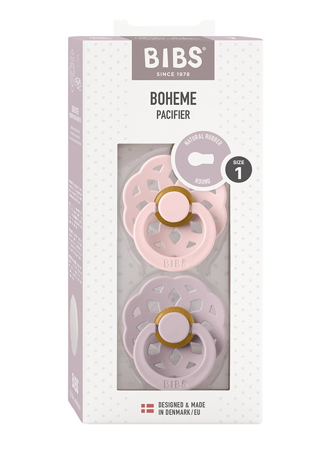 BIBS Baby Pacifier Boheme, Made with Natural Rubber Latex, Round Nipple, Mouth Skin Sensitive, Soft, Flexible, For Babies Aged Upto 6 Months, BPA-free, Blossom/ Dusty Lilac Colour, Pack of 2, Size 1  - Image 2
