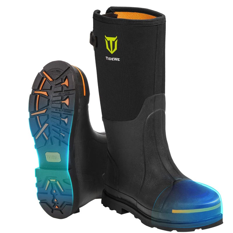 TIDEWE Rubber Work Boot for Men with Steel Toe & Shank, Waterproof Anti Slip Hunting Boot, 6mm Neoprene Hunting Boot for Manufacturing, Construction, Farming, Black, Size 12 - Image 1