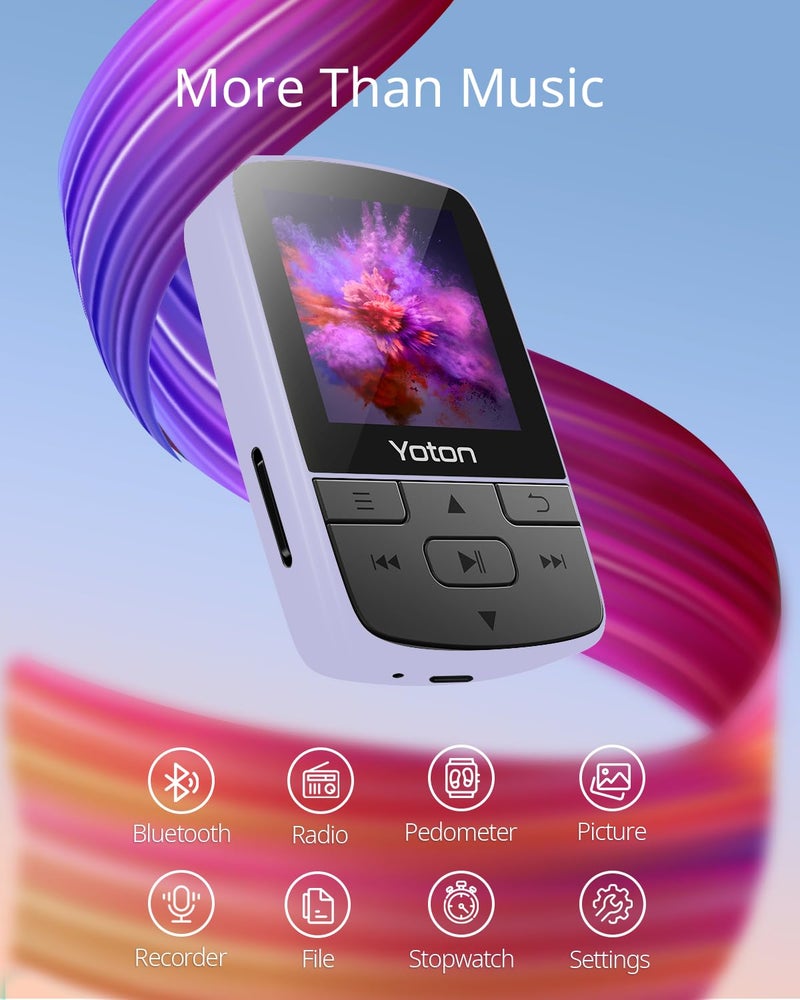 Yoton MP3 Player with Bluetooth 5.2, 64GB Storage, Mini Size, HiFi Music, with Sports Clip, Independent Volume Control, FM Radio, Includes Headphones (Purple) - Image 2
