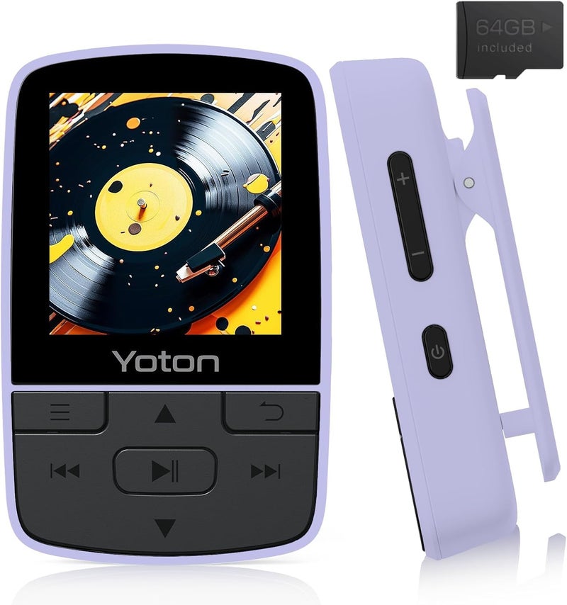 Yoton MP3 Player with Bluetooth 5.2, 64GB Storage, Mini Size, HiFi Music, with Sports Clip, Independent Volume Control, FM Radio, Includes Headphones (Purple) - Image 1
