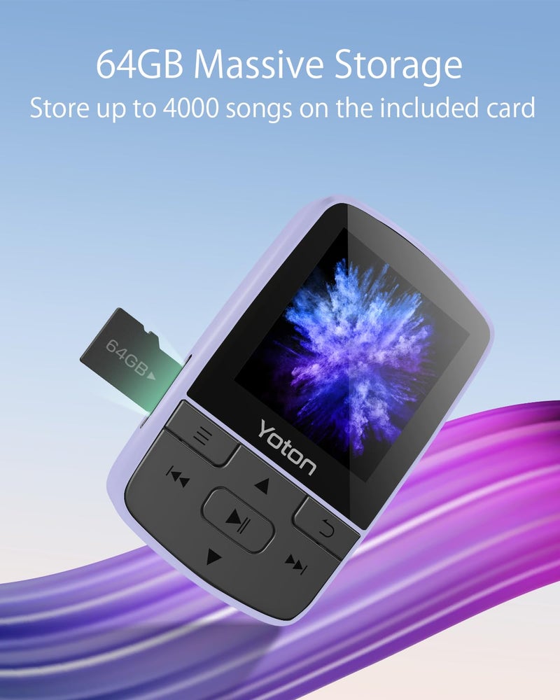 Yoton MP3 Player with Bluetooth 5.2, 64GB Storage, Mini Size, HiFi Music, with Sports Clip, Independent Volume Control, FM Radio, Includes Headphones (Purple) - Image 5