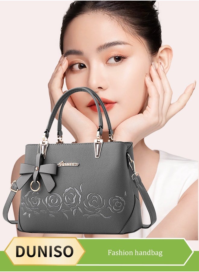DUNISO - Women's handbag, PU leather shoulder bag, large capacity crossbody bag, with detachable shoulder strap and top handle, embroidered design and bow decoration, suitable for shopping, work, dating, travel - Image 1