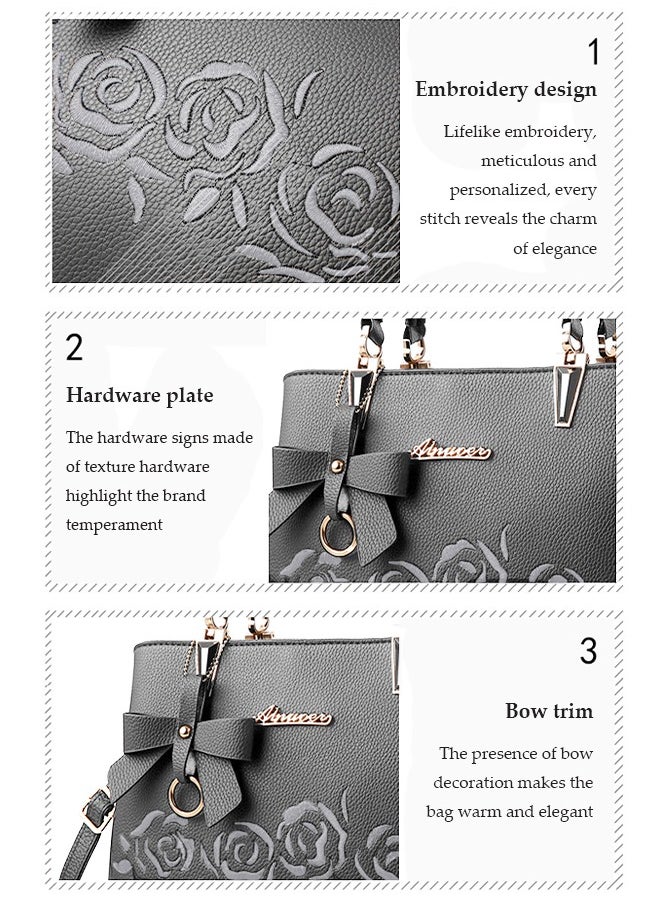 DUNISO - Women's handbag, PU leather shoulder bag, large capacity crossbody bag, with detachable shoulder strap and top handle, embroidered design and bow decoration, suitable for shopping, work, dating, travel - Image 1