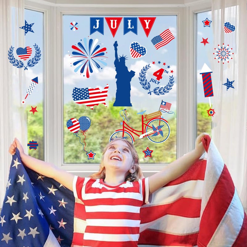 i-Beeboo 4th of July Patriotic Window Clings USA Double-Sided Window Art Decals USA Independence Memorial Day Stripes Star Fireworks Flags Balloon Decorations for Home School Office 9 Sheets (A) - Image 5