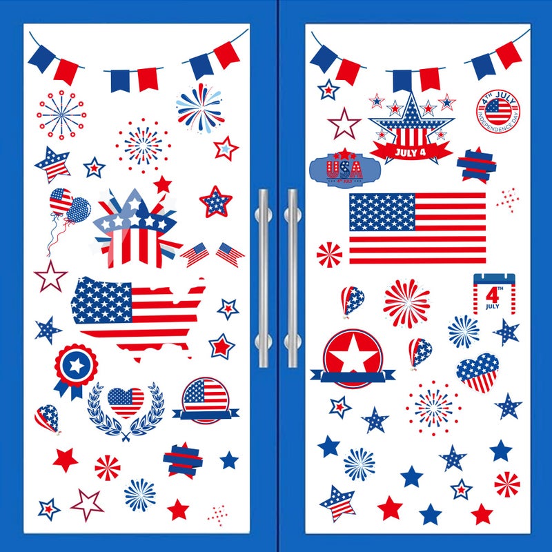 i-Beeboo 4th of July Patriotic Window Clings USA Double-Sided Window Art Decals USA Independence Memorial Day Stripes Star Fireworks Flags Balloon Decorations for Home School Office 9 Sheets (A) - Image 1
